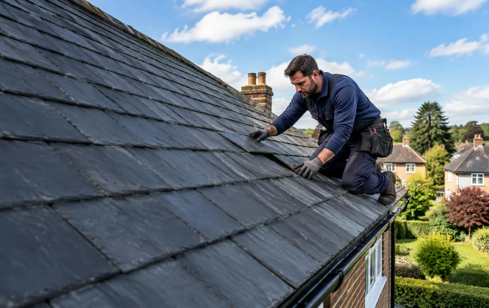 Roofer fitting slate tiles on a pitched roof